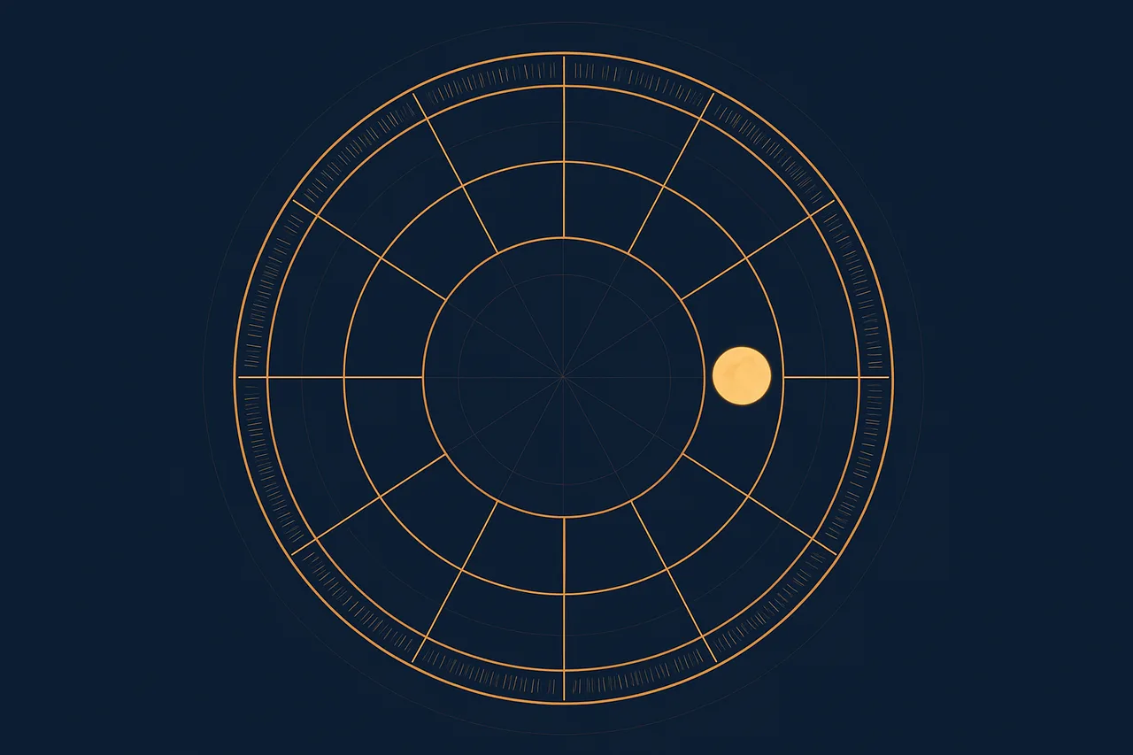 Illustration of a twelve-sector zodiac wheel drawn as a gold astronomical instrument